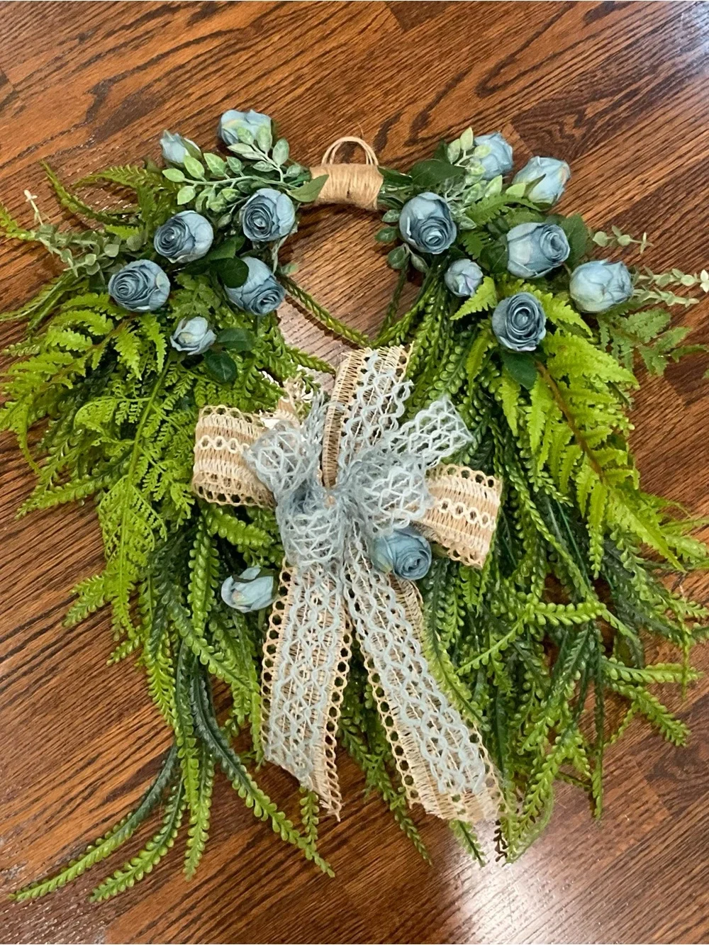 Blue Rose and Fern Holiday Wreath with Decorative Bow